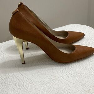 Michael Kors Cognac Pointed Toe Pumps with Gold Stiletto Heel